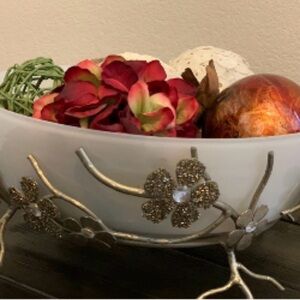 Pier 1 White Bowl with Red and Green Faux Florals